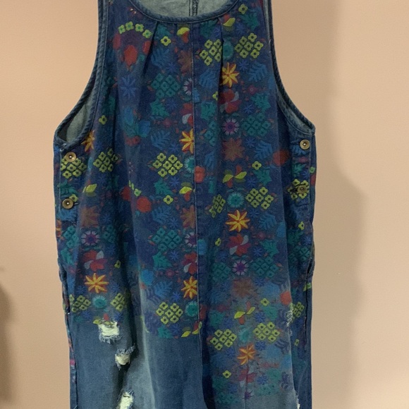 Flygo Women's Floral Printed Wide Leg Distressed Bib Denim Overalls Jumpsuits - Picture 6 of 16